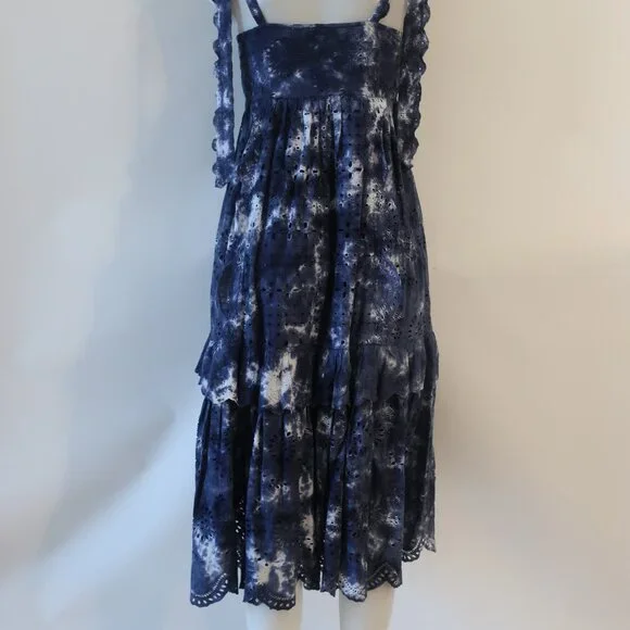 Womens LoveShackFancy Navy Blue White Tie Dye Eyelet Shoulder Ties Midi Dress 0 - Picture 14 of 15